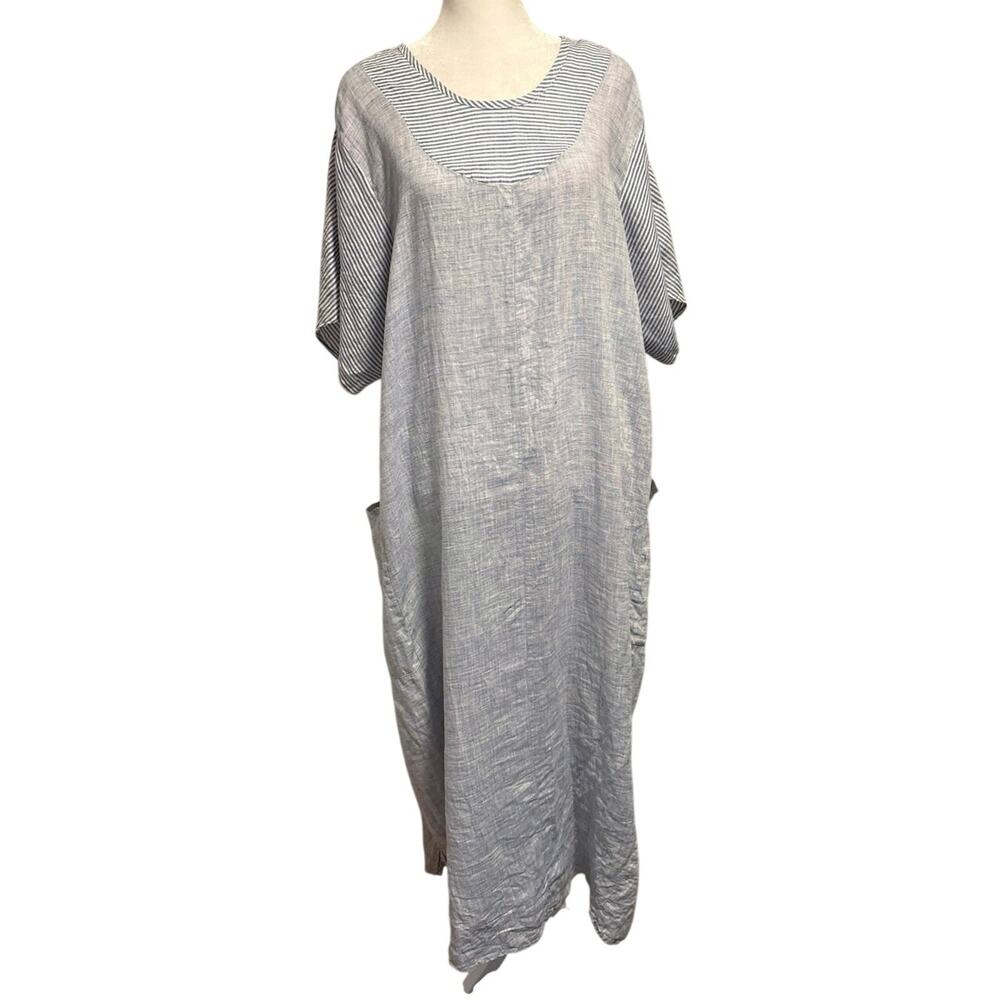 Flax Size Large 100% Linen Maxi Dress Blue Stripes Pockets Lagenlook Oversized
